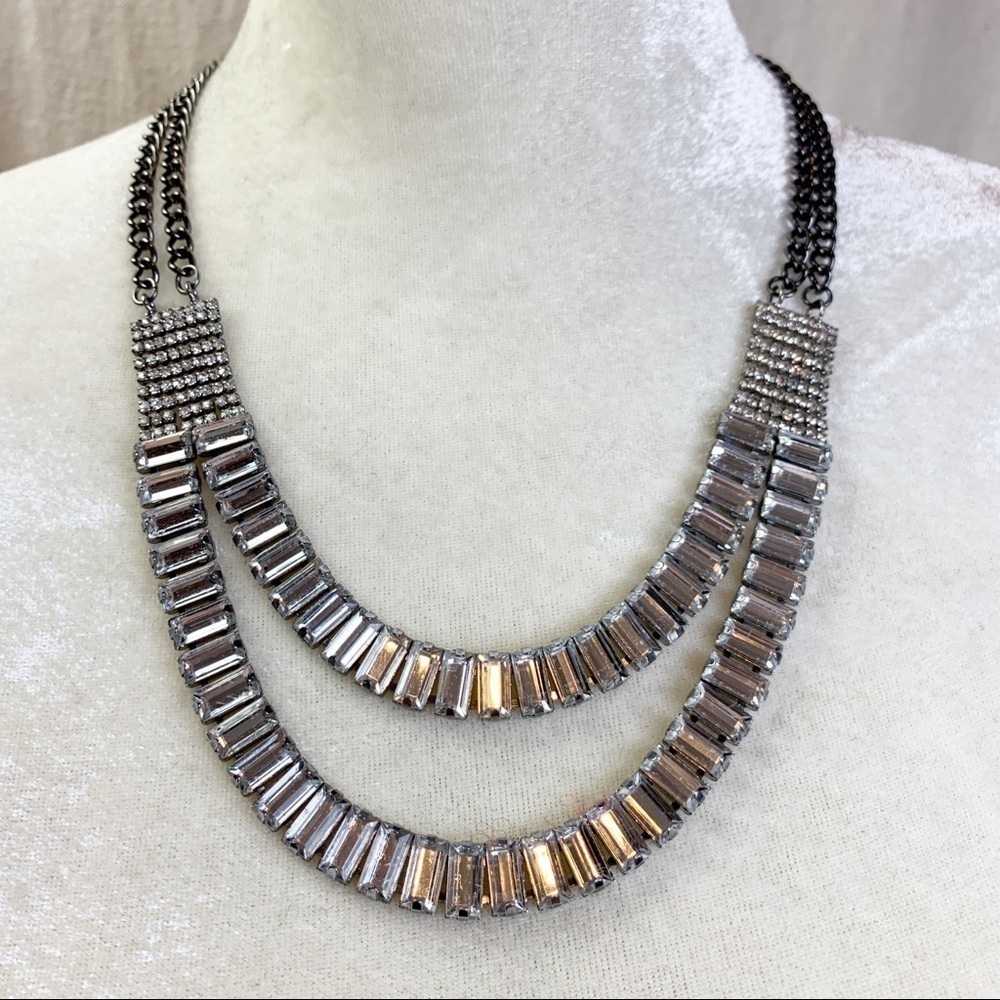 Double Strand Gunmetal Chain round and Baguette Rhinestone layered Necklace